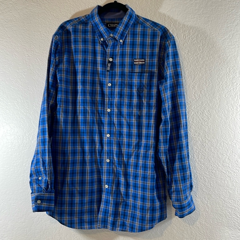 Chaps Blue Plaid Easy Care Button Front Long Sleeves Pocket Shirt Size Large NEW